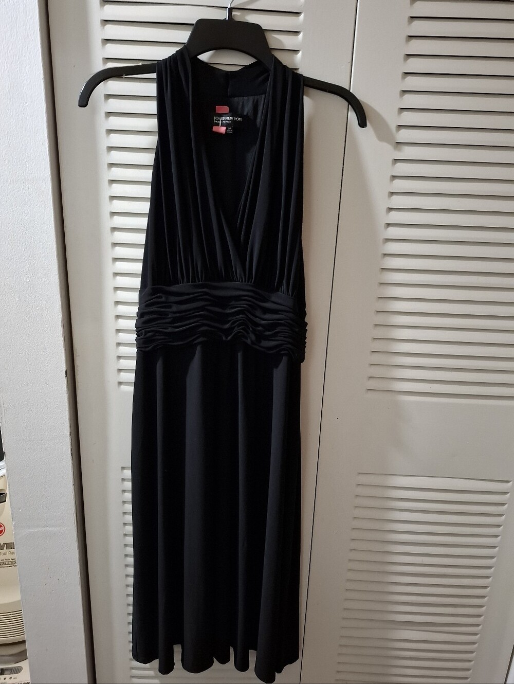 Jones New York Dress Women's 12P Petite Black Halter Ruched Cocktail LBD Formal